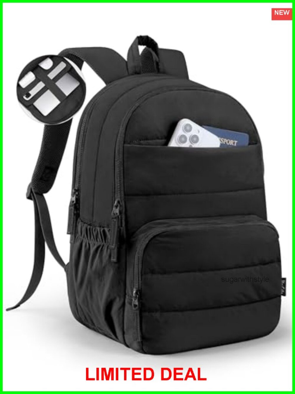 Quilted Laptop Backpack 15.6 Inch Water Resistant College Travel Bag
